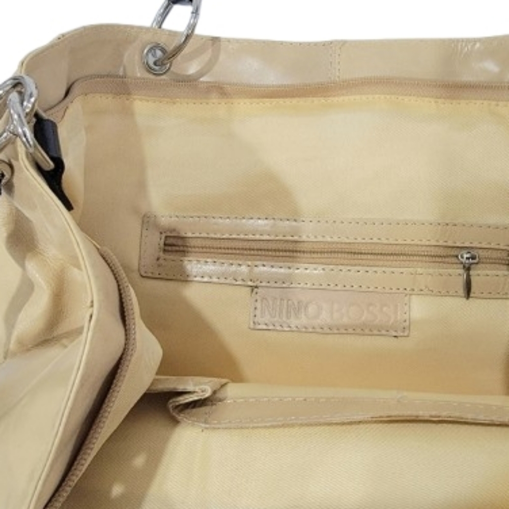 Nino Bossi Genuine Leather Tote Bag Beige LChic Beige Handbag with Black Accents - Picture 6 of 10